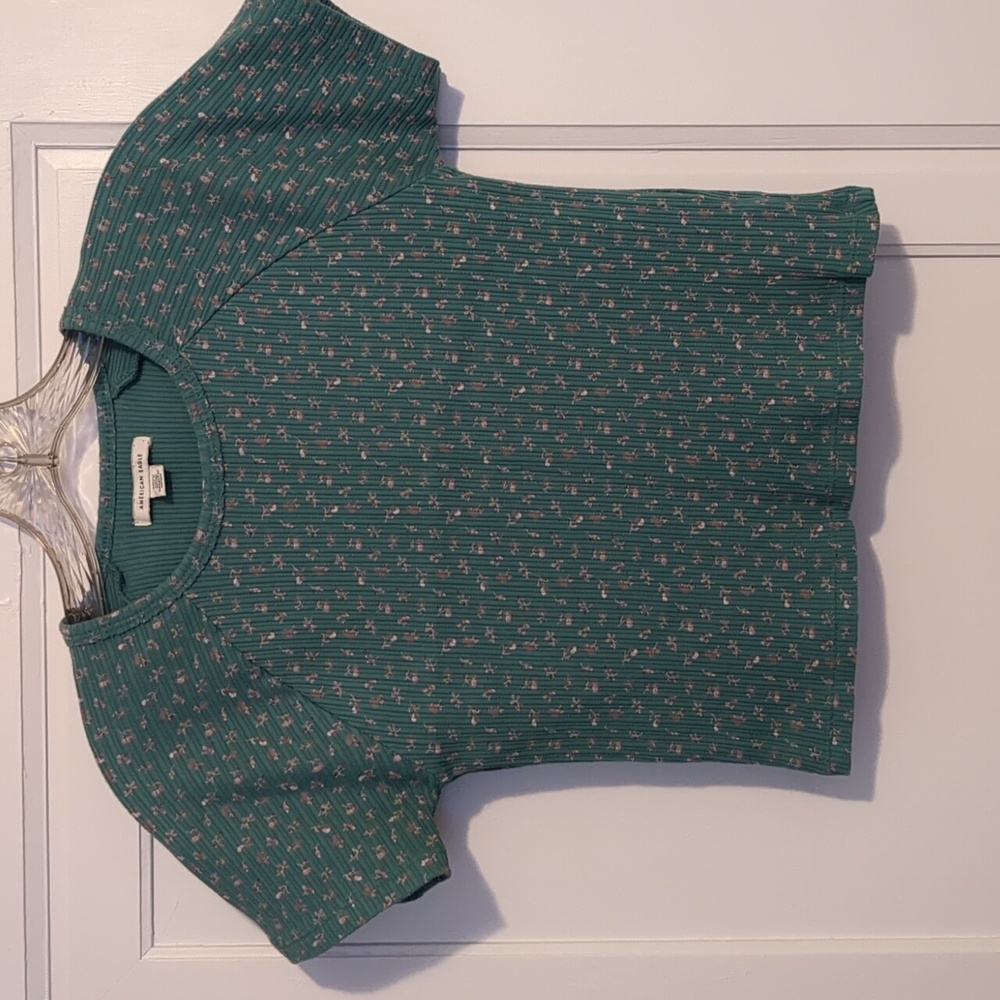 American Eagle Green Teal Ribbed Ditsy Floral Crop Top Stretchy Small